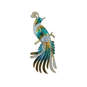 Vintage Peacock Bird of Paradise Colorful Enamel Brooch Statement Large 5"
